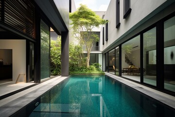 Refined: glimpsed interior contemporary residence with central pool. Generative AI