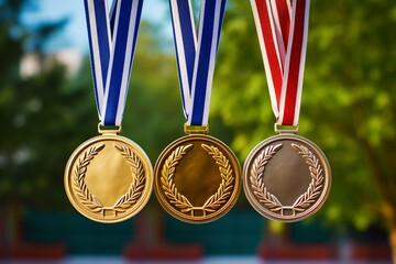 gold, silver, and bronze medals with colorful ribbons. Generative AI