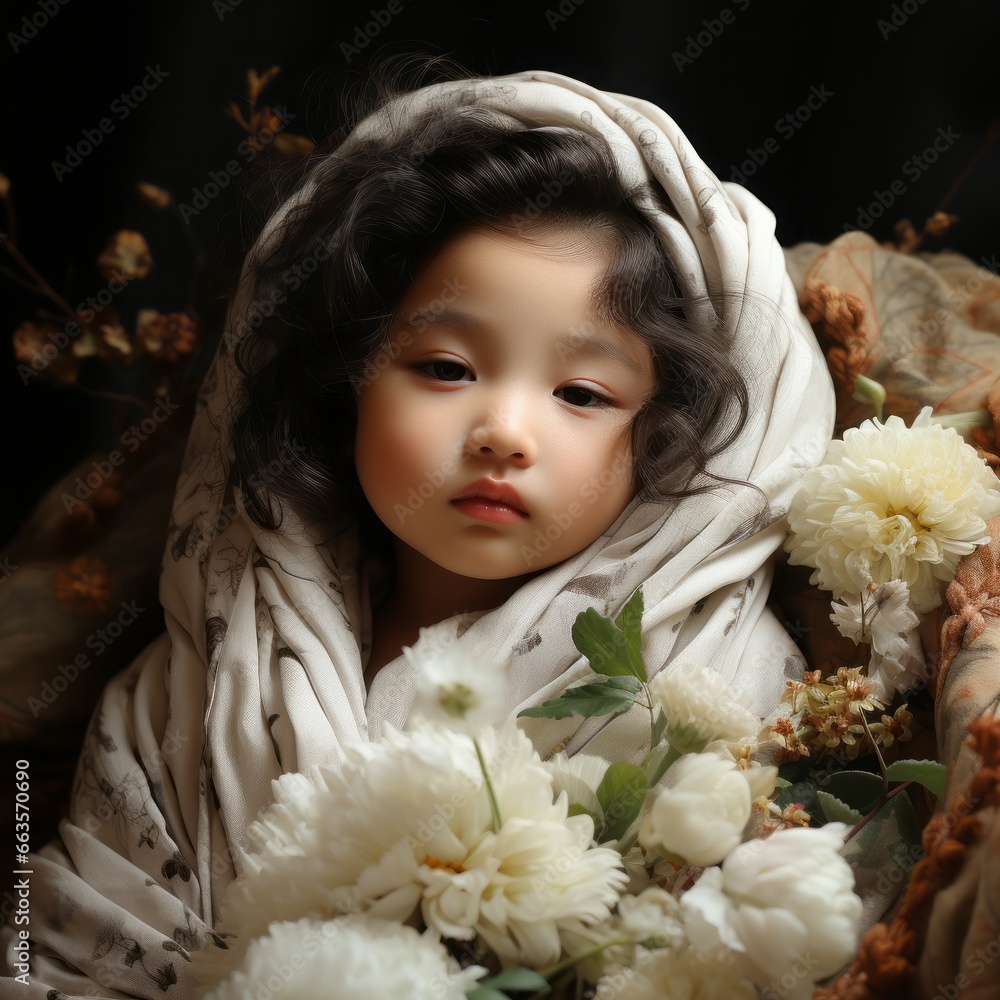 Wall mural An adorable baby wrapped in a white cloth with flowers in the background. Generative AI. 