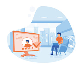 Hiring illustration set. Hr managers searching new employee, reading CV and giving job candidate review. Character applying for work position. flat vector modern illustration - obrazy, fototapety, plakaty
