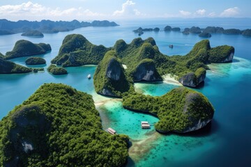 Majestic view of vibrant green karst formations rising from clear aqua marine waters. Southeast...