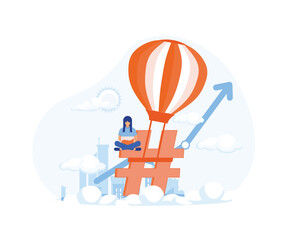 young woman marketer using laptop computer on moving hashtag with rocket booster. flat vector modern illustration 