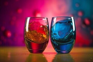 two glasses with liquid over colorful backdrop. Generative AI