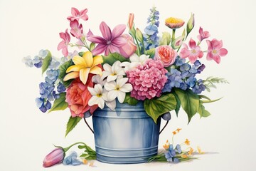 watercolor painting of a pail holding a bunch of blooms. Generative AI - obrazy, fototapety, plakaty