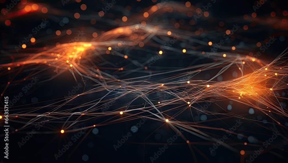 Poster illuminated neuronal network showcasing intricate interconnections between lights and dots