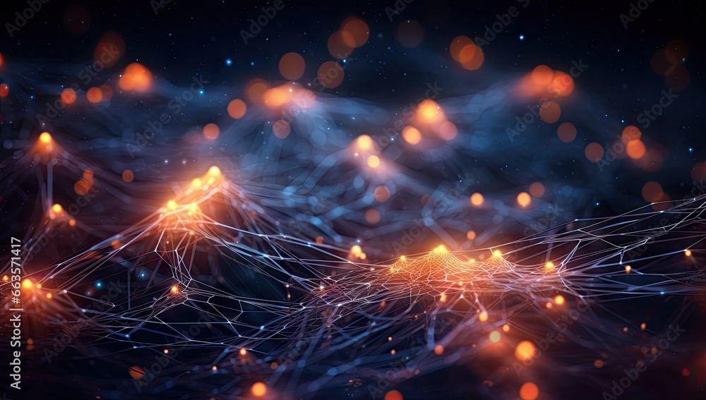 Poster illuminated neuronal network showcasing intricate interconnections between lights and dots