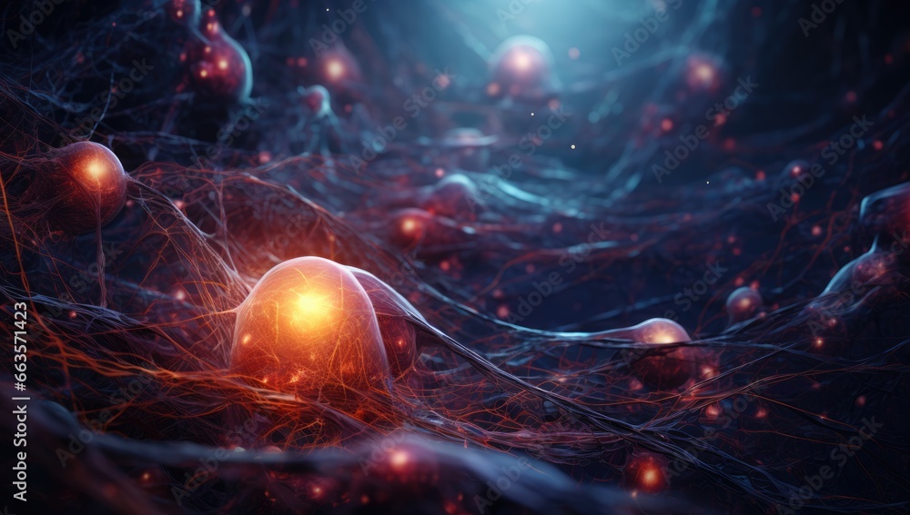 Poster illuminated neuronal network showcasing intricate interconnections between lights and dots
