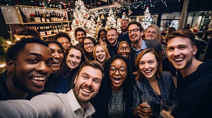 Friends at a Christmas party capture the moment with a group selfie - obrazy, fototapety, plakaty