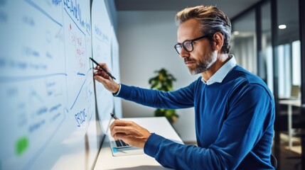 Fototapeta premium Focused man with glasses using a whiteboard in an office,diligently recording important information