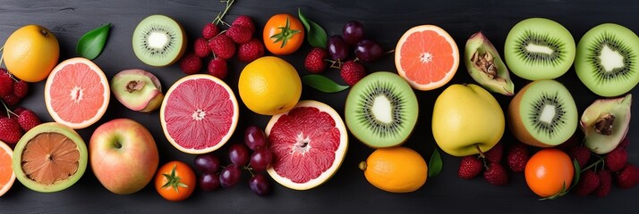 Collection of mixed fruits overhead view flat lay, concept of Freshness