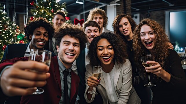 Friends at a Christmas party capture the moment with a group selfie