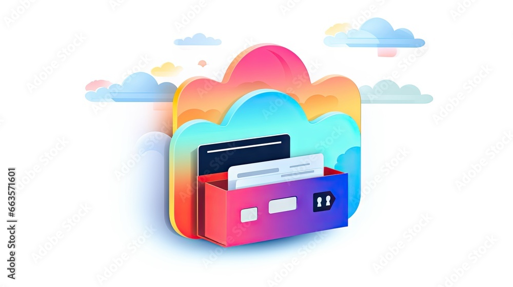 Poster cloud storage, featuring fluffy clouds symbolizing the secure storage of digital information