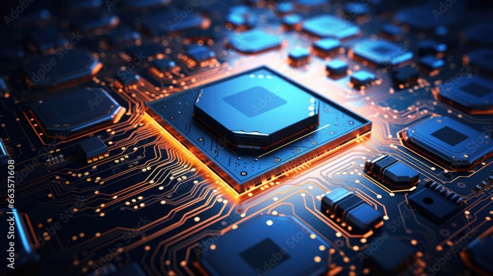 Poster colorful cpu chip placed atop a circuit board, showcasing intricate electronic components.