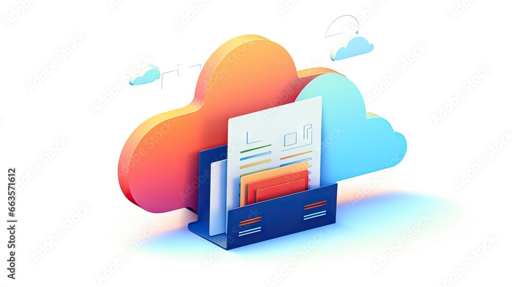 Poster cloud storage, featuring fluffy clouds symbolizing the secure storage of digital information