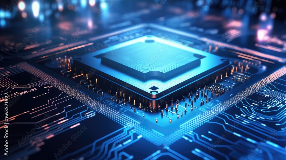 Poster colorful cpu chip placed atop a circuit board, showcasing intricate electronic components.