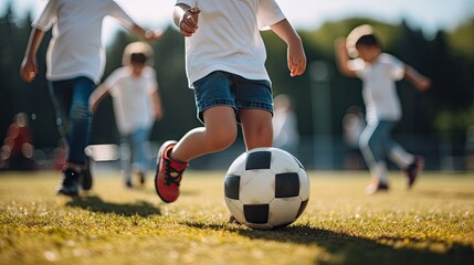 Fototapeta premium Children playing soccer on a grassy field with a football, surrounded by vibrant greenery.