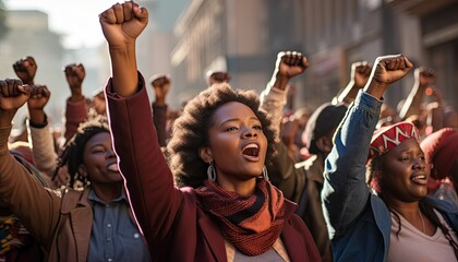 Black women raise their fists in solidarity, symbolizing strength and unity. Fighting rights