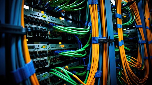 Close-up, server rack with cables,showcasing robust internet connectivity, efficient data processing