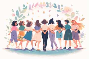 Obraz premium Back view of a group of female friends standing together in a park, showcasing bond and camaraderie