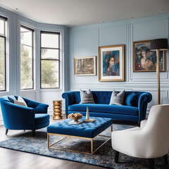 Fototapeta premium A blue sofa and armchair lie on a rug by the window, and there are art frames on the white walls. modern living room, Generative AI