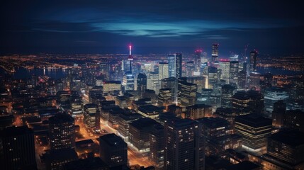 An impressive nighttime panorama of a bustling metropolis,showcasing vibrant energy and urban beauty