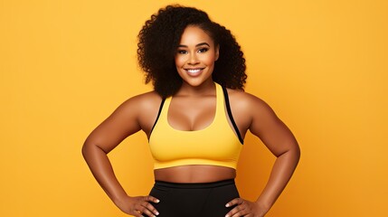 A stunning plus-size black woman in a vibrant color top, posing confidently in a studio setting