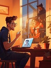 A man sitting at a table with a contemporary laptop in front of him. Minimal vibrant colors