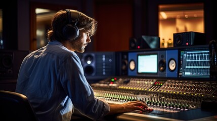 A man in a recording studio wears headphones as he works on producing music - obrazy, fototapety, plakaty
