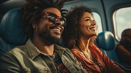 A happy couple, representing diversity, sits in a transport and smiles as they travel.