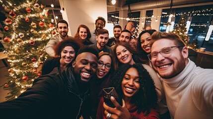 A group of diverse people celebrating at a business Christmas party, joy and festive decorations. - obrazy, fototapety, plakaty