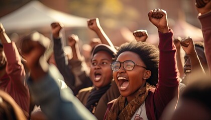 A group of black women stand together, fists raised, as a symbol of justice and equality