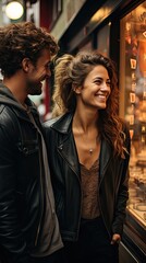 A diverse couple, a man and woman, smiling happily in front of a store on a bustling street.