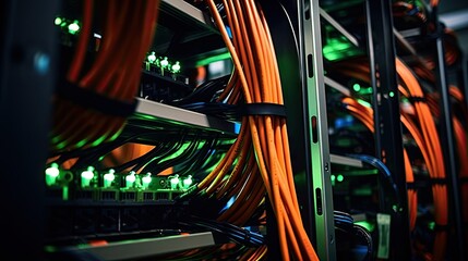 A detailed view of a server rack, intricate network of cables ensuring internet connection