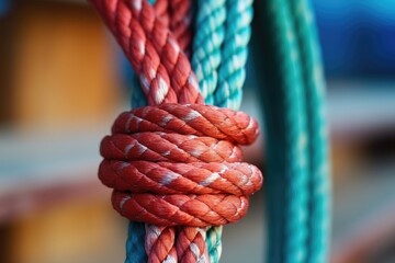 A close-up shot of a meticulously tied knot on a rope, representing a reliable security measure. - obrazy, fototapety, plakaty