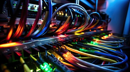A detailed view of a server rack, intricate network of cables ensuring internet connection