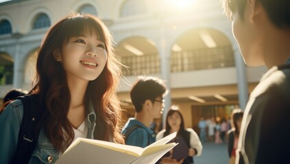 A cheerful student holding a book and beaming with joy on campus, first days at uni concept