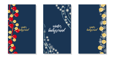 Background in social networks stories winter theme. Frame Christmas colored balls. Vertical background template. Insta style elements of nature in blue white and dark blue tones. Vector illustration.