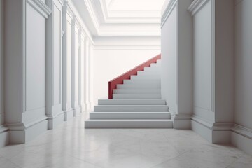 3D red arrow on white wall with white staircase, ascending over steps. Generative AI
