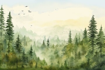 Hand-drawn watercolor painting of a forest landscape with green silhouettes of pine and fir trees against a sky with birds. Generative AI