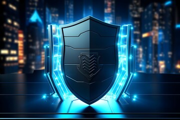 shield with blue abstract digital code background - obrazy, fototapety, plakaty