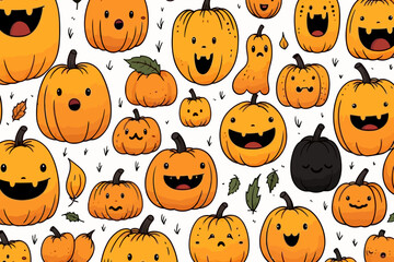 Jack-o-lanterns quirky doodle pattern, wallpaper, background, cartoon, vector, whimsical Illustration