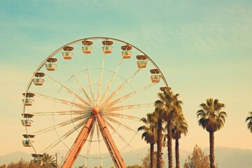 Ferris wheel at sunset. Aged and worn vintage photo of ferris wheel with palm trees. Concept image for postcards and greeting cards - obrazy, fototapety, plakaty