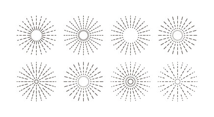 Obraz premium Set of radial circular graphic designs with simple, modern, geometric and abstract shapes. Effect elements such as spark, light, sunlight, fireworks, explode, shine, explode, beam, bright, propagate, 