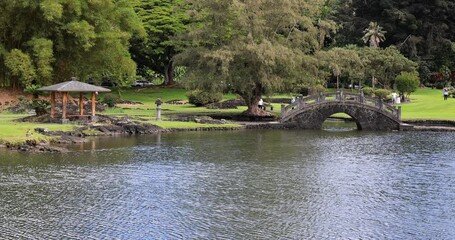 Hilo Hawaii Japanese Gardens Liliuokalani bridge tourism. Big Island. Liliʻuokalani Park and Gardens, Hilo. Largest Japanese garden part outside of Japan. Ponds, bridges, pagodas, statues, teahouse.
