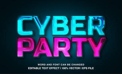 Cyber party editable text effect template, 3d bold glossy style typeface, premium vector