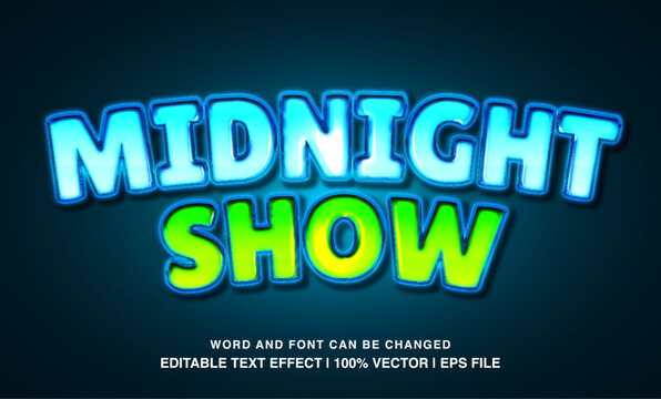Midnight show editable text effect template, 3d bold cartoon style typeface, premium vector
