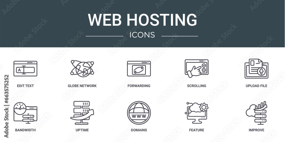 Poster set of 10 outline web web hosting icons such as edit text, globe network, forwarding, scrolling, upl