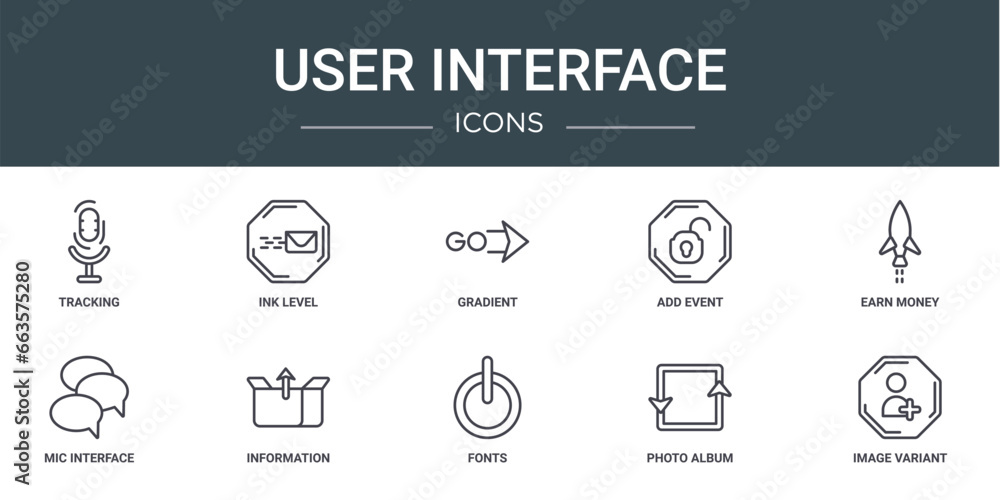 Poster set of 10 outline web user interface icons such as tracking, ink level, gradient, add event, earn mo