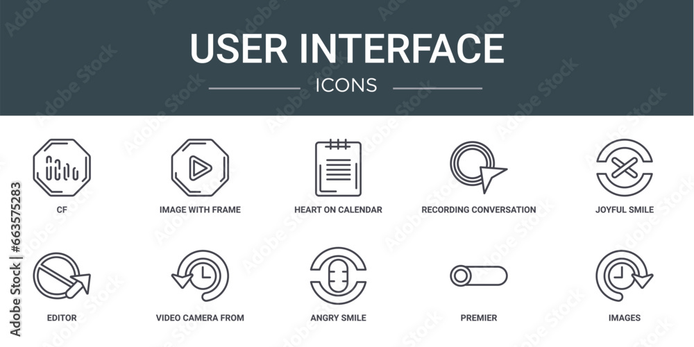 Aufkleber set of 10 outline web user interface icons such as cf, image with frame, heart on calendar, recordin