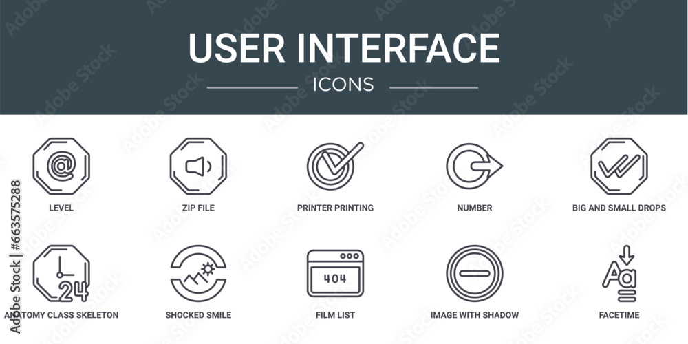 Poster set of 10 outline web user interface icons such as level, zip file, printer printing squares, number